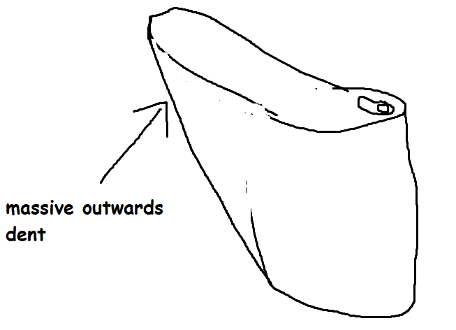 a shitty ms paint doodle of an unopened soda can with a massive outwards dent on the top side